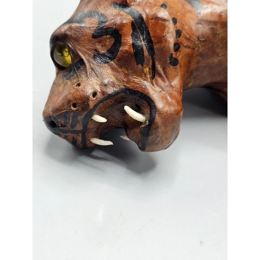 Vintage Leather Wrapped Paper‎ Mache Bengal Tiger Figurine Yellow Glass Eyes 11